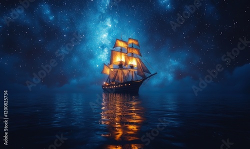 Lighted ship sails starry night sea. photo