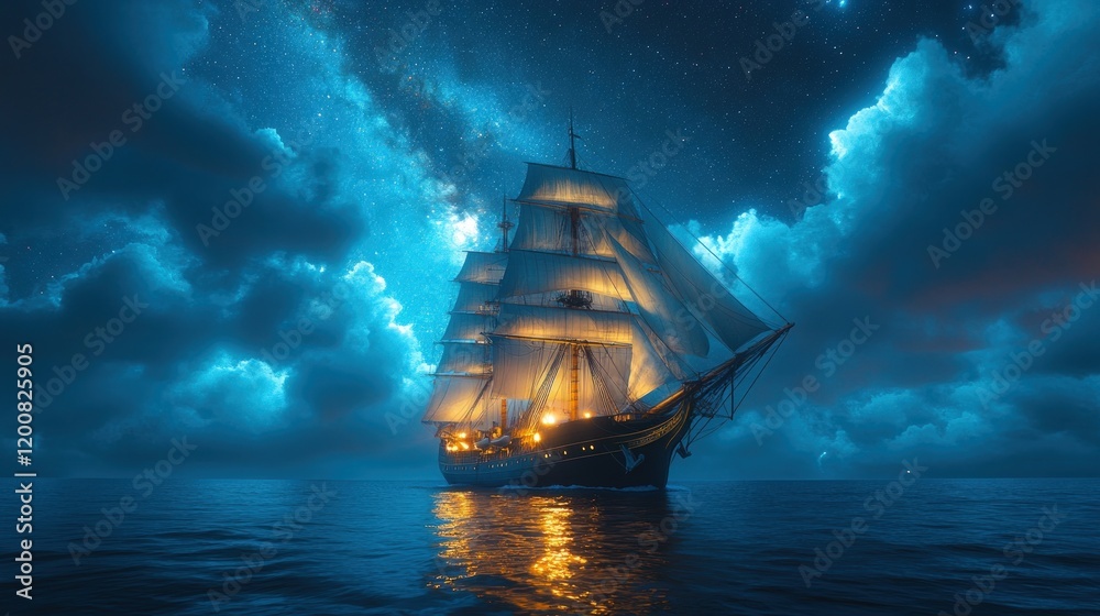 Fototapeta premium Night sailing ship, starry sky, dark ocean.