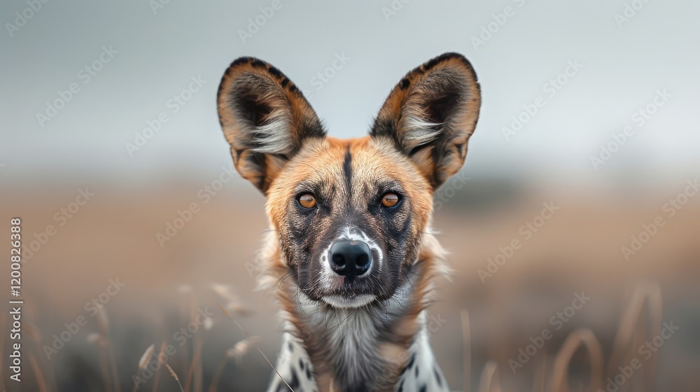 A close-up photorealistic image of an African wild dog's face.