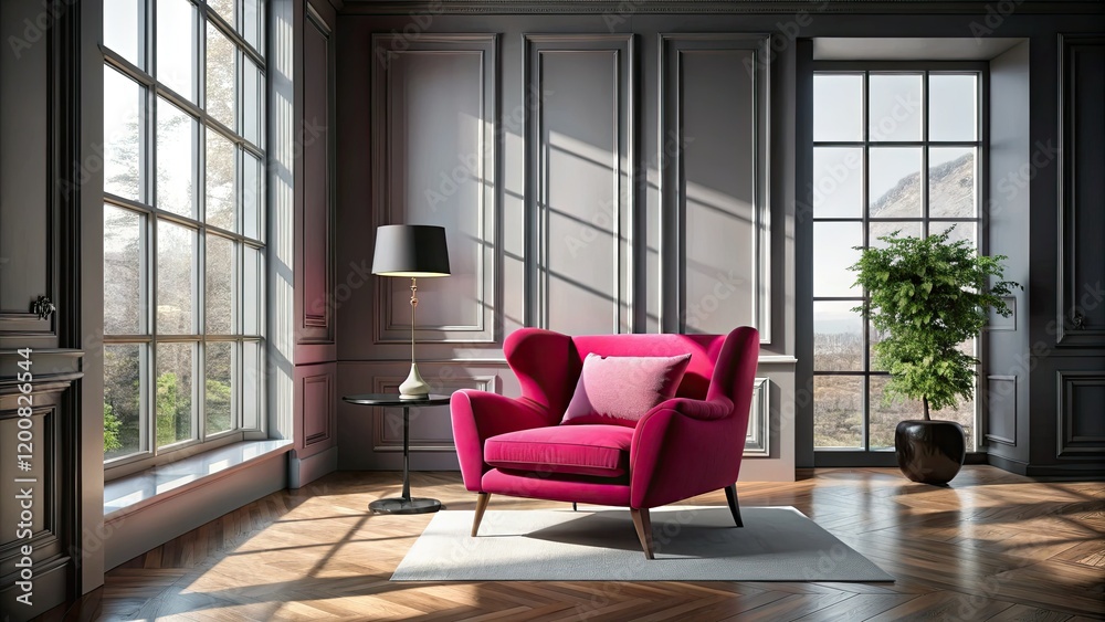 Fototapeta premium Serene Japandi living room: a pink armchair, baroque details, minimalist silhouette.