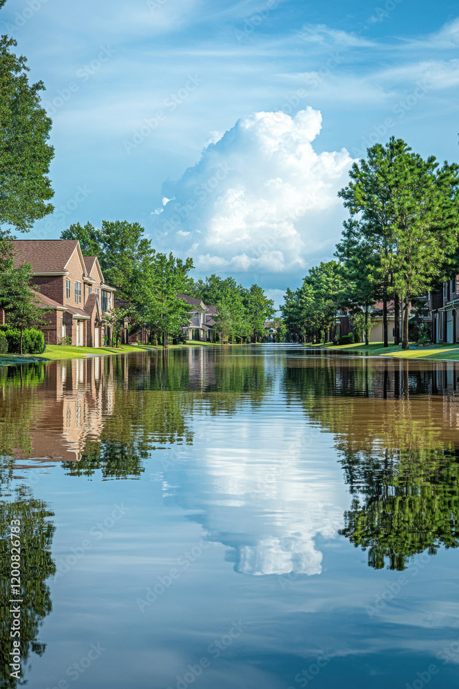 Obraz premium Scenic reflection of suburban homes and lush trees on a calm flooded street under a bright blue sky with fluffy clouds.