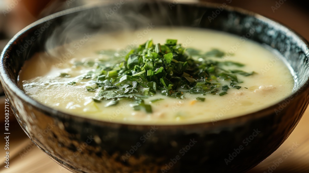 Steaming creamy soup in a dark bowl, garnished with fresh herbs. Steaming creamy soup in a dark bowl, garnished with fresh herbs.