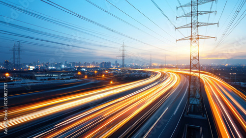 Dynamic power lines at sunset with light trails from vehicles
