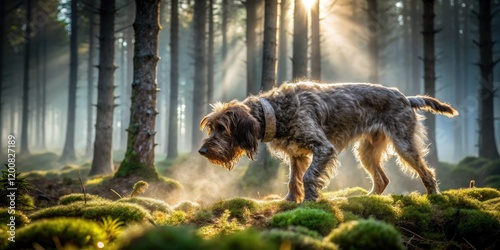 Silhouetted Czech Fousek, Bohemian Wirehaired Pointing Griffon, intensely hunts a vole trail through mossy forest. photo