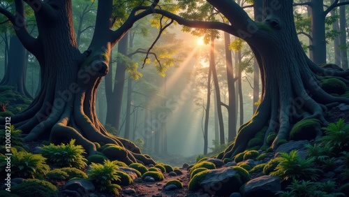 Majestic tree trunks rise from rocky, verdant grounds, with winding dirt paths inviting exploration towards the lush forest beyond. A serene embrace of nature's grandeur photo