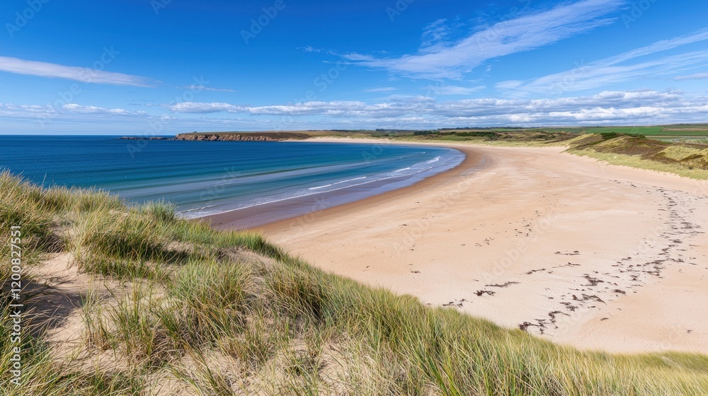 Fototapeta premium Scenic beach view with sand dunes and calm ocean waters.