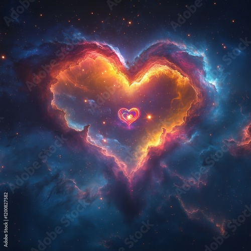 A stunning cosmic landscape showcases heart-shaped nebulae surrounded by swirling galaxies and vibrant color streams, creating a celestial celebration of romance and wonder in deep space photo