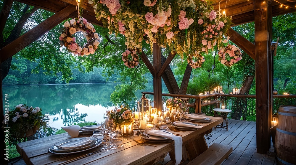 Fototapeta premium romantic lakeside dinner, floral decor - rustic chic
