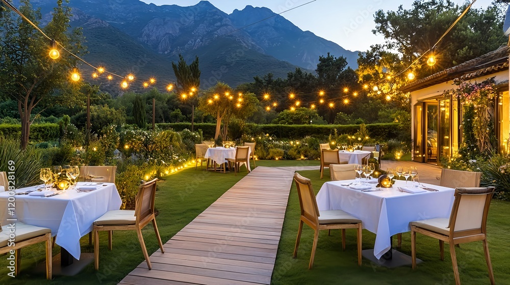 Obraz premium romantic outdoor dinner, mountain view - luxury travel