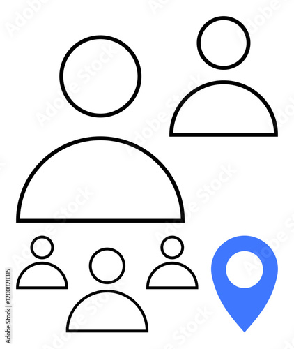 Abstract group of people icons in hierarchical arrangement with a blue location pin. Ideal for teamwork, leadership, networking, collaboration, remote work, organization, abstract line flat metaphor