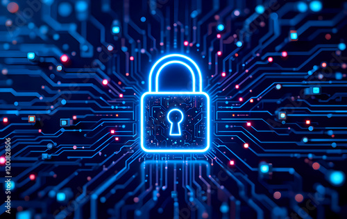 Futuristic Cybersecurity Lock Icon on a Circuit Board Background