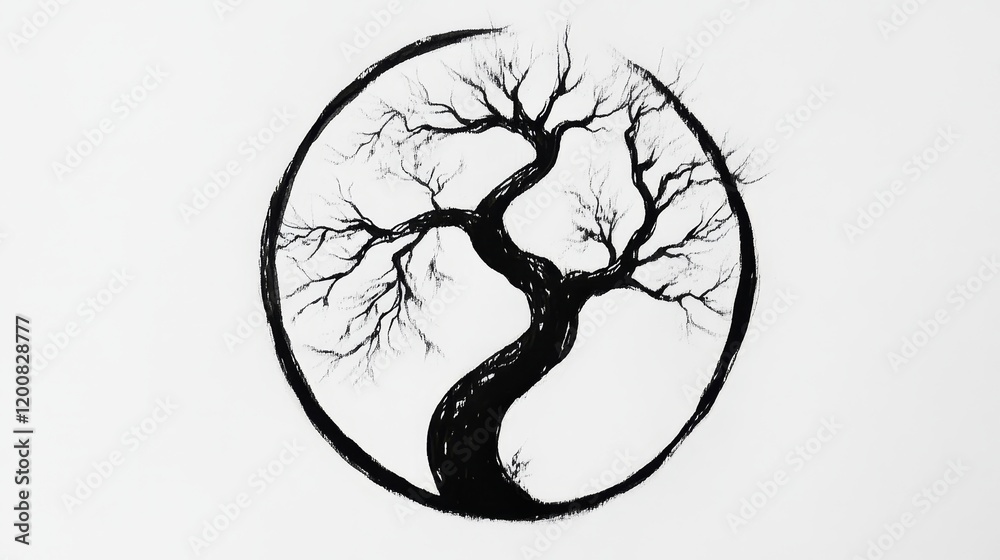 Encircled Bare Tree Ink Drawing, Zen Art, Minimalist Design Encircled Bare Tree Ink Drawing, Zen Art, Minimalist Design