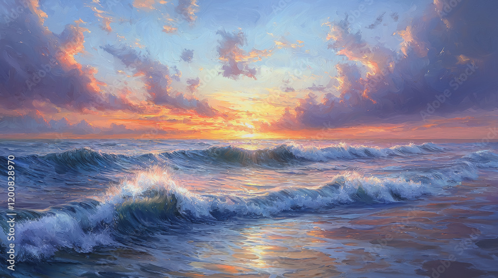 Fototapeta premium Vibrant sunset over ocean with fiery skies and gentle waves captivating colors reflecting on water tranquil atmosphere natures beauty peaceful seascape at dusk 180 chars exactly