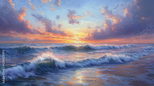Vibrant sunset over ocean with fiery skies and gentle waves captivating colors reflecting on water tranquil atmosphere natures beauty peaceful seascape at dusk 180 chars exactly