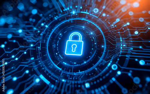 Futuristic Cybersecurity Lock Icon on a Circuit Board Background