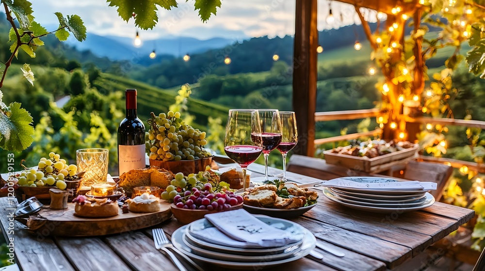 Fototapeta premium romantic vineyard dinner, sunset wine - rustic/farmhouse aesthetic