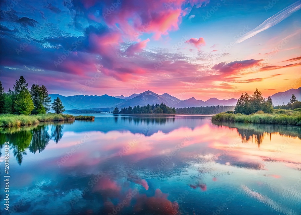 Fototapeta premium Subtle pink, blue, and gray hues paint a calming, dreamy pastel landscape.