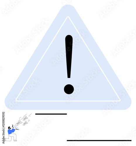 Giant warning triangle with bold exclamation mark, small figure shouting into a megaphone, and paper planes flying. Ideal for warnings, communication, risk, urgency, escalation, alerts motivation