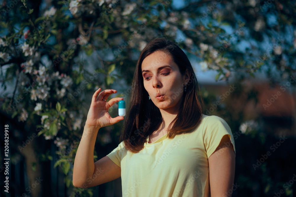 Surprised Woman Holding a Big Pill During Springtime. Astonished patient using medication to get over symptoms
Surprised Woman Holding a Big Pill During Springtime. Astonished patient using medication to get over symptoms