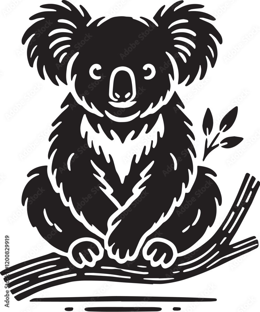 Obraz premium Black Color Koala Silhouette Vector Illustration, Solid White Background
