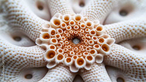 Kaleidoscopic underwater cave where shifting coral formations create repeating geometric patterns  photo