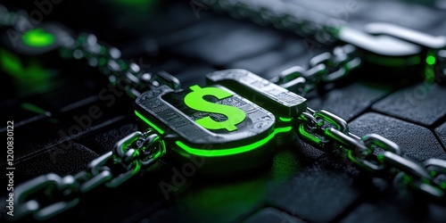 Digital currency security concept with chains and green dollar sign on dark background.
