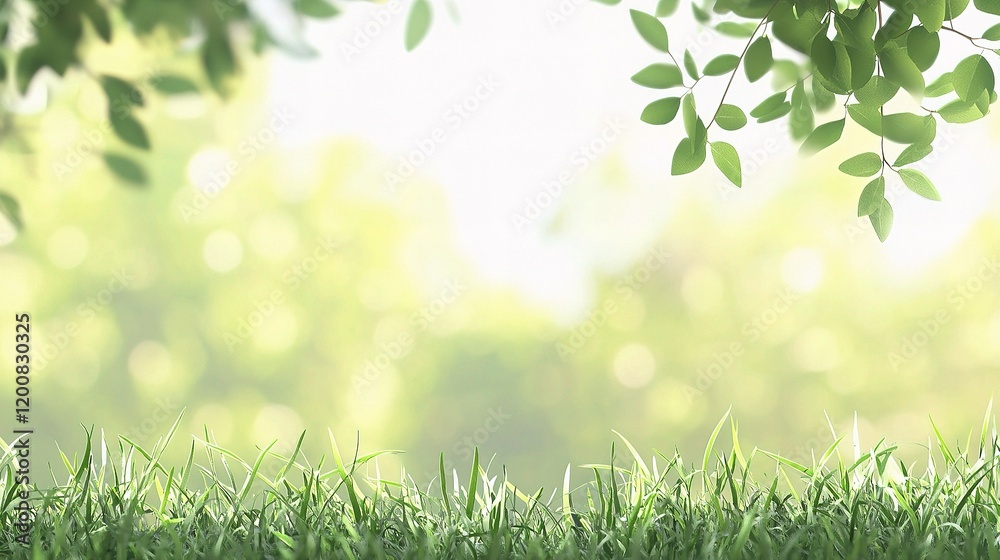 Fototapeta premium Lush Green Scene: A vibrant and refreshing panorama of a sun-drenched meadow, with verdant blades of grass in the foreground, framed by gentle foliage and soft, blurred bokeh lights in the background.