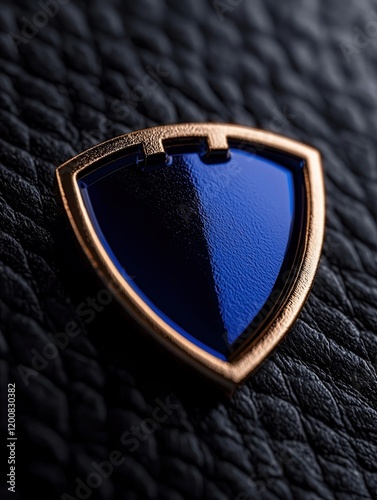 Elegant blue shield badge on textured black leather background. photo