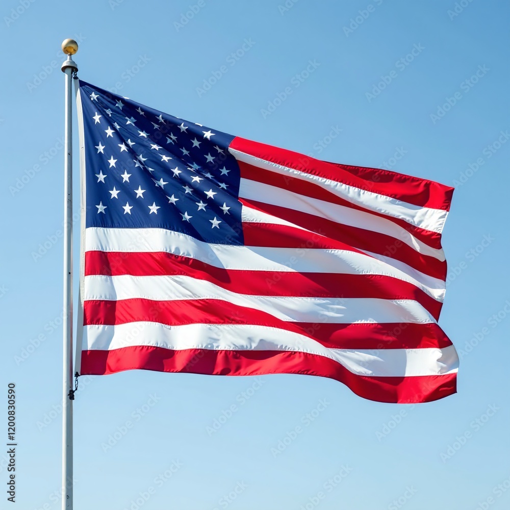 Fototapeta premium American flag waving on silver pole against clear blue sky for patriotic marketing campaigns and corporate branding with copy space for text
