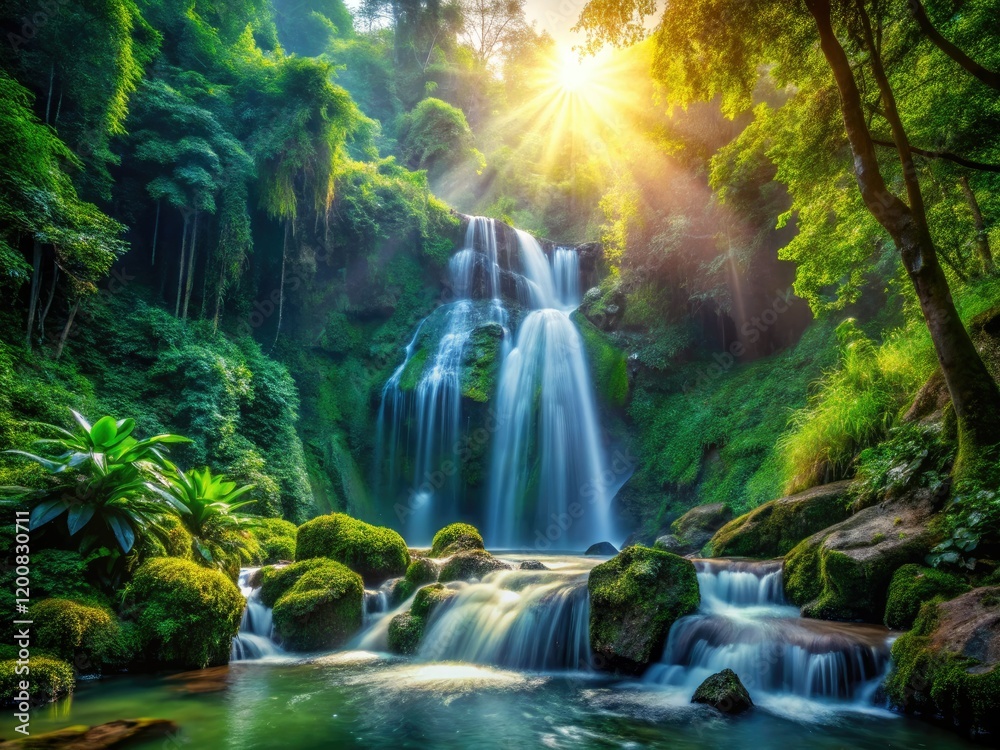 Tranquil jungle paradise: cascading waterfall, lush rainforest, serene nature. Tranquil jungle paradise: cascading waterfall, lush rainforest, serene nature.