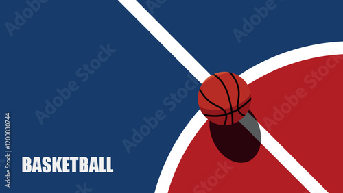 Top view of basketball on court with lines. Basketball on blue and red court surface. Minimalist basketball scene with ball. Flat design vector background illustation