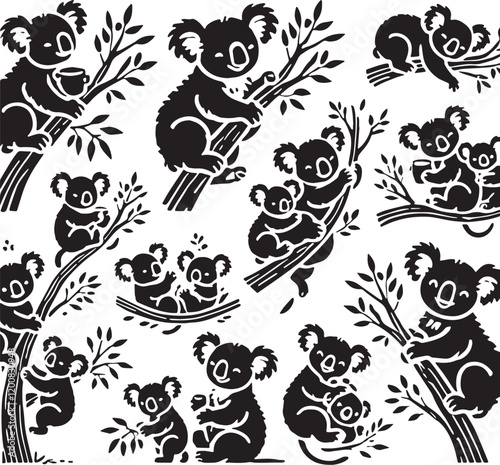 Black Color Koala Silhouette Vector Illustration, Solid White Background