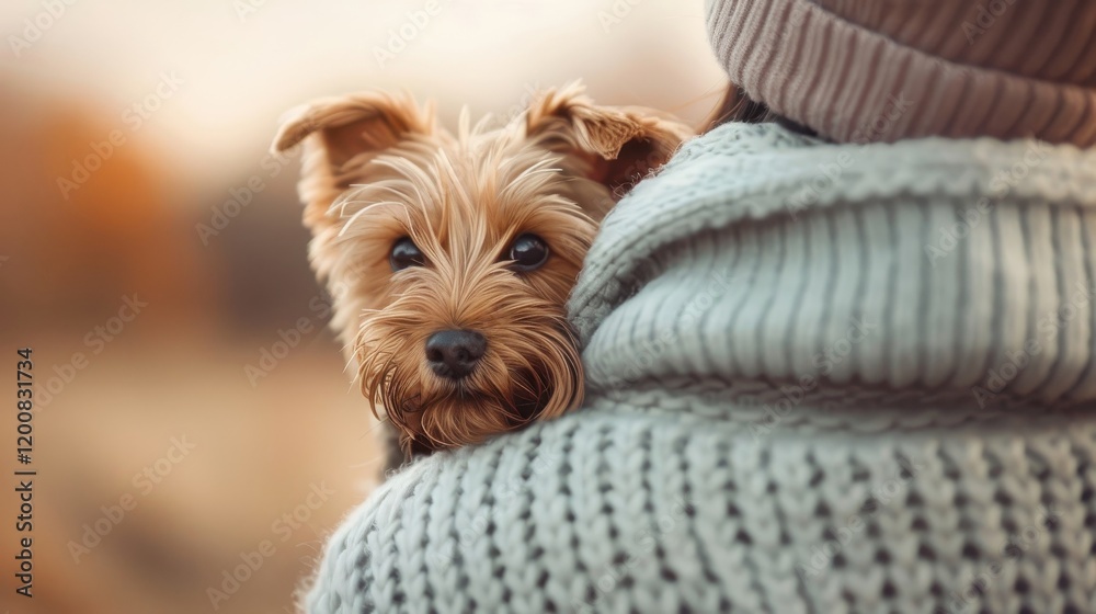 A Yorkshire Terrier nestled in its owner's arms. A Yorkshire Terrier nestled in its owner's arms.