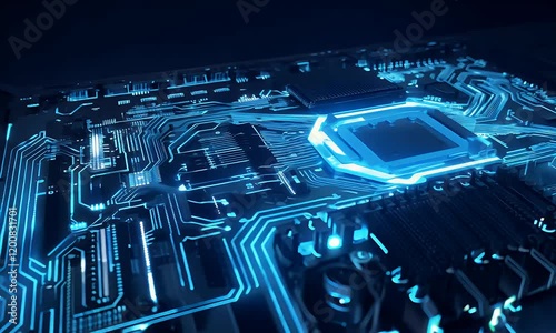 A futuristic digital circuit board glowing with blue light, representing advanced technology, data flow, and interconnected systems in cyberspace.