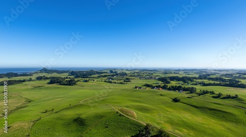 Aerial view of lush green fields and coastline under clear blue sky.