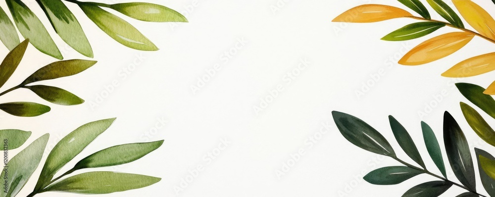 Naklejka premium Leafy watercolor concept. A beautiful arrangement of watercolor leaves in green and yellow tones on a white background.
