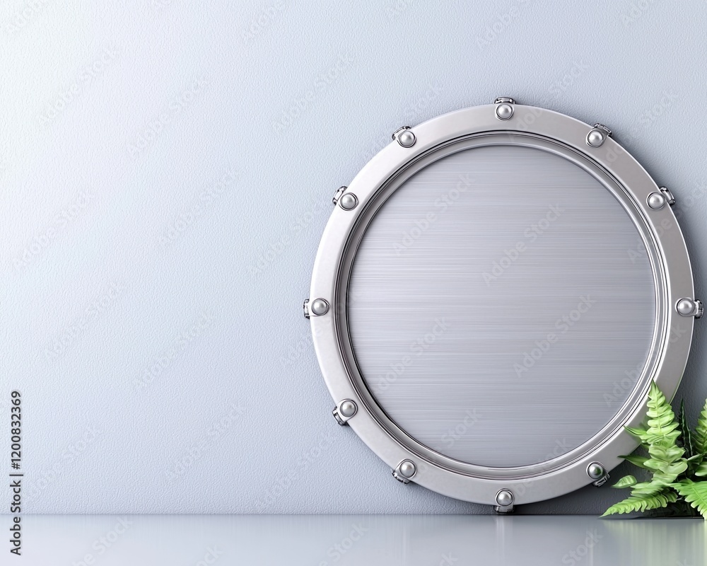Modern metallic porthole frame with minimalist design and greenery accents. Modern metallic porthole frame with minimalist design and greenery accents.