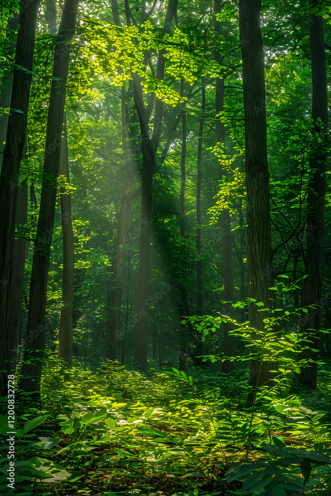 Obraz premium Enchanted Forest Illuminated by Sunlight Through Towering Trees