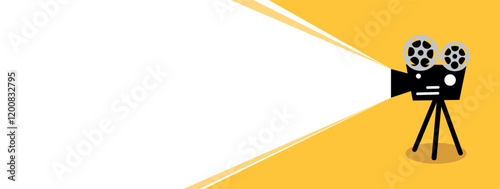 Retro cinema projector. Movie time. Vintage film camera reel. minimalist flat design vector illustration. Yellow background. Can used for presetation, advertising, marketing, banner, invitation, poste