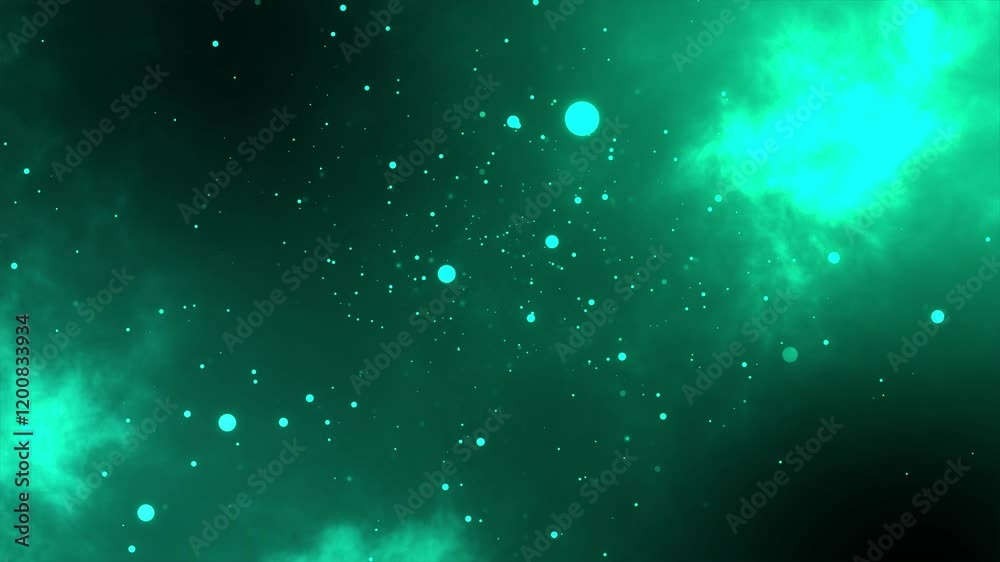 Teal particle and bokeh lights animation float against a dark, smoky background.