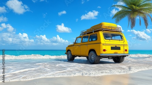 Yellow vintage van parked on a tropical beach under a sunny sky