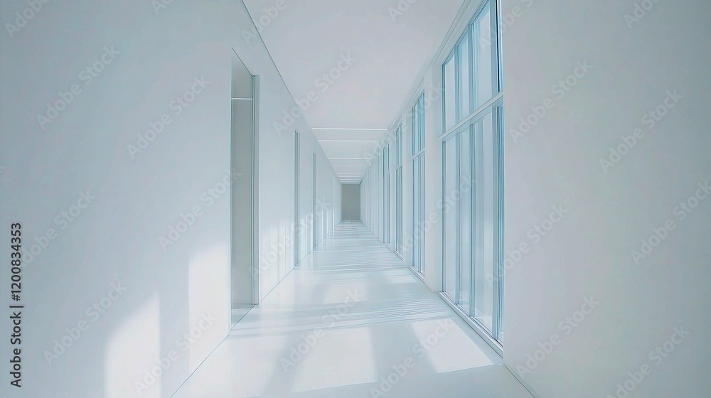 Fototapeta premium Modern Office Corridor with Large Windows and White Walls