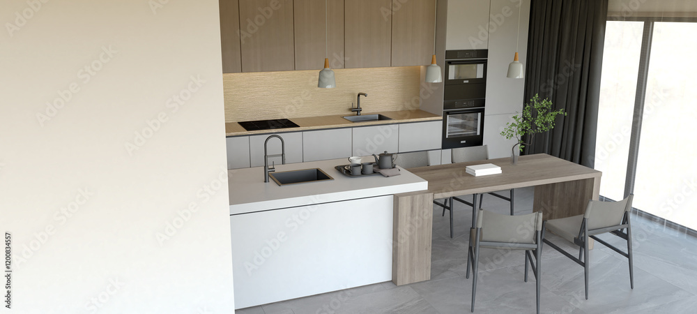 A modern kitchen featuring sleek cabinetry, a dining table, and large windows, creating a bright and inviting space. 3d rendering interior. A modern kitchen featuring sleek cabinetry, a dining table, and large windows, creating a bright and inviting space. 3d rendering interior.