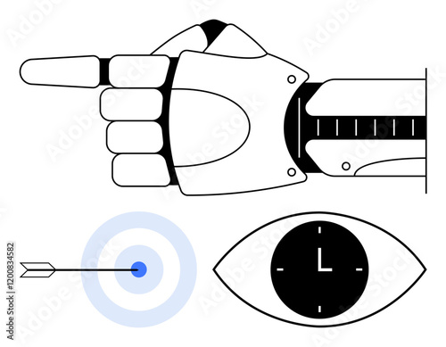 Robotic arm gestures, archery target hit, eye with clock element. Ideal for technology, time management, precision, focus, AI efficiency goal-setting. Futuristic abstract line flat metaphor