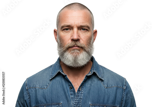 Portrait Serious Mature Man Gray Beard Denim Shirt Studio male face look adult black style model    