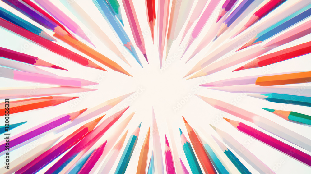 A radial starburst of colorful pencils arranged in a perfect circle, each pencil in a unique shade creating a gradient rainbow effect, minimalistic design A radial starburst of colorful pencils arranged in a perfect circle, each pencil in a unique shade creating a gradient rainbow effect, minimalistic design