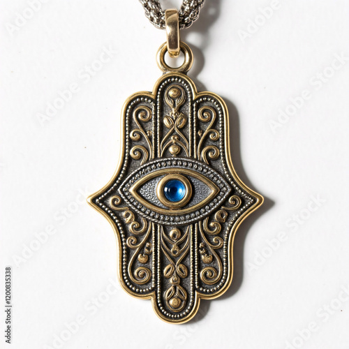 jewelry gold and plate pendant in the form of an eye on a white background hamsa or hand of miriam jewish photo