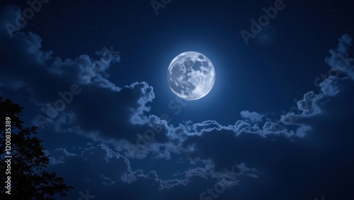 A mesmerizing gaze at the moon, surrounded by wispy clouds under a starlit, deep blue night sky, capturing its celestial allure photo