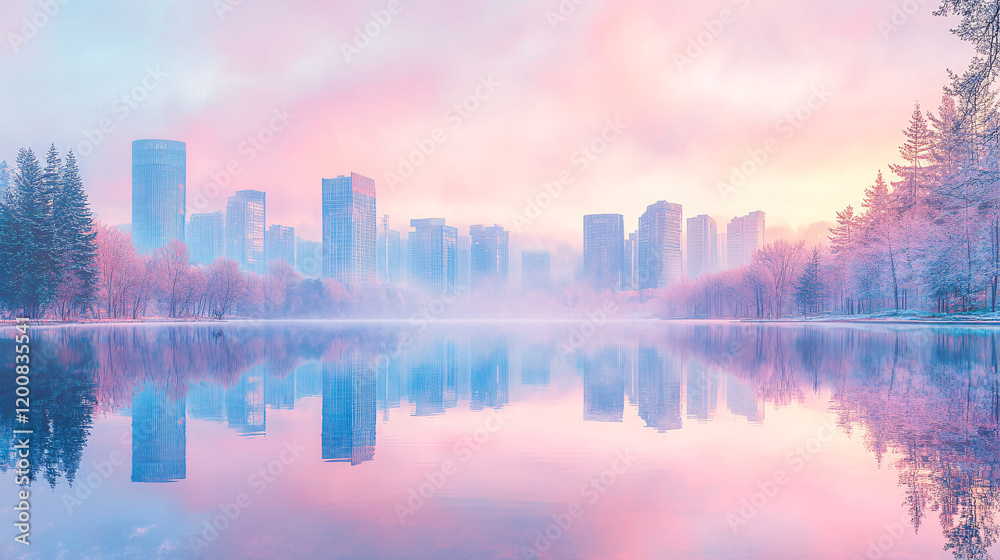 Fototapeta premium Vast mirror lake reflecting towering futuristic skyscrapers and swirling pastel clouds at dawn