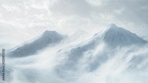 Wallpaper Mural Mountain Peaks in the Clouds:  A serene landscape of majestic snow-capped mountain peaks emerging from a veil of swirling clouds, creating an ethereal and captivating scene.  Torontodigital.ca